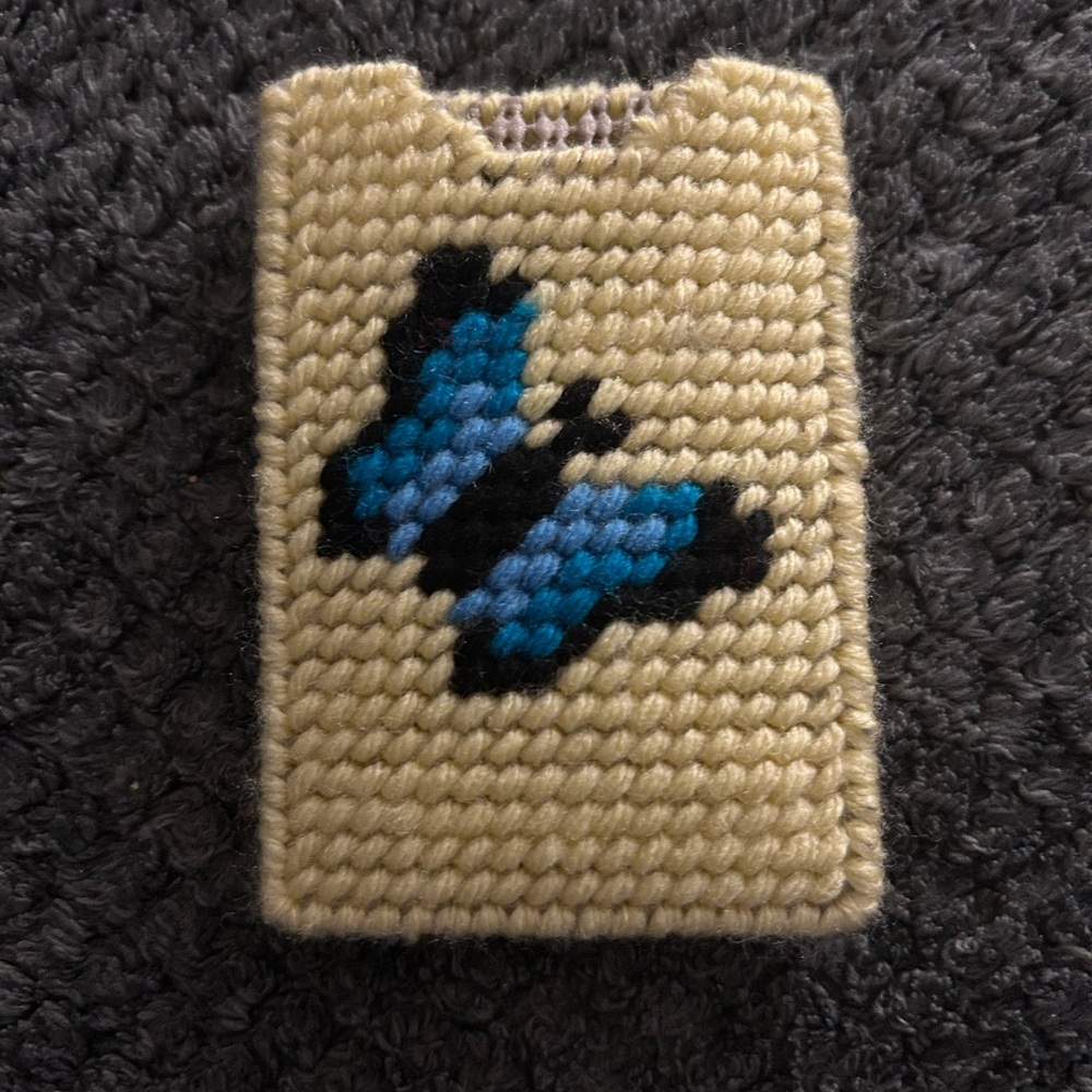 Handcrafted Cream Needlepoint Card Sleeve with Blue Butterfly
